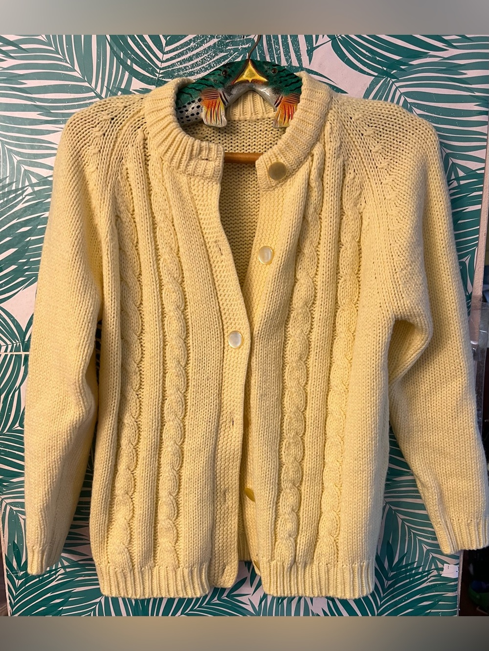 Vintage Yellow Cable Knit Cardigan Button-Up Sweater w/ large buttons